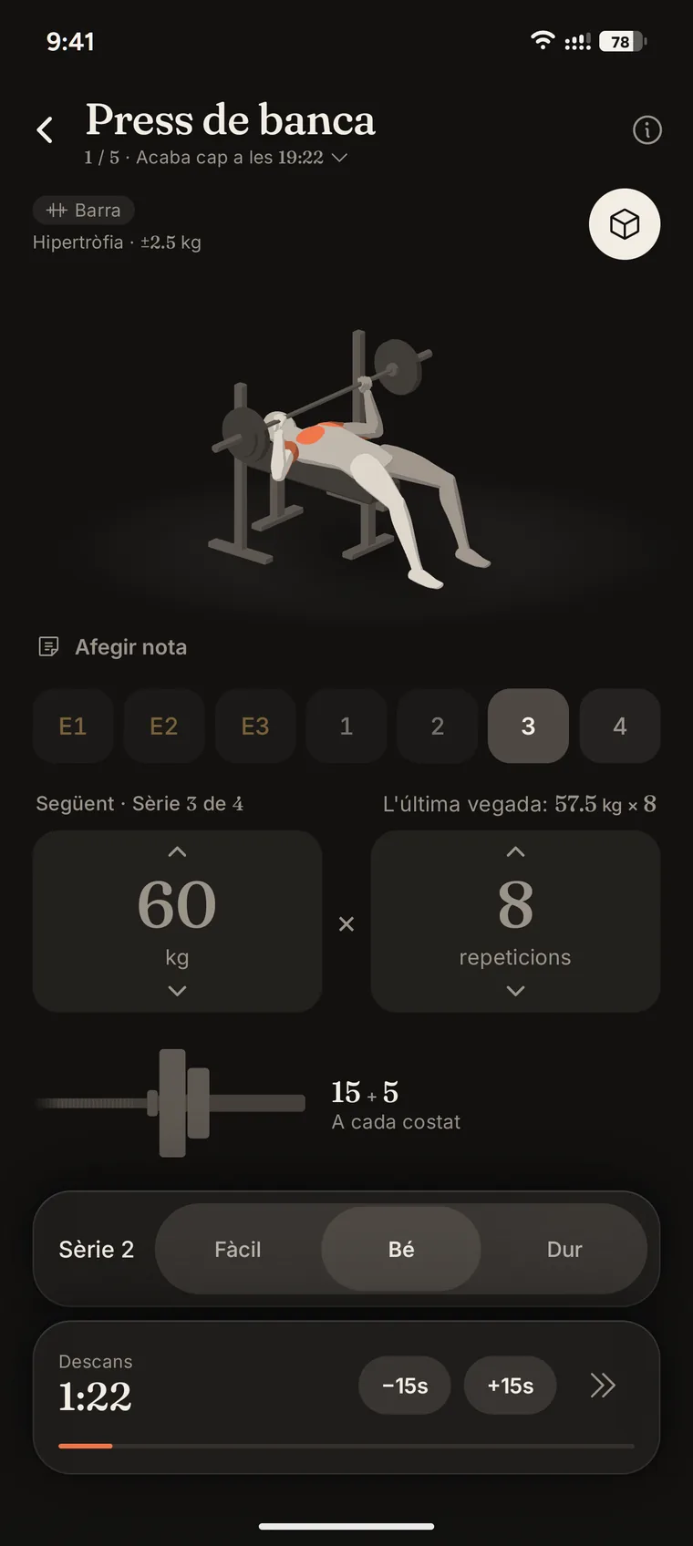 L'Iro durant un press de banca, amb la figura 3D de l'exercici.