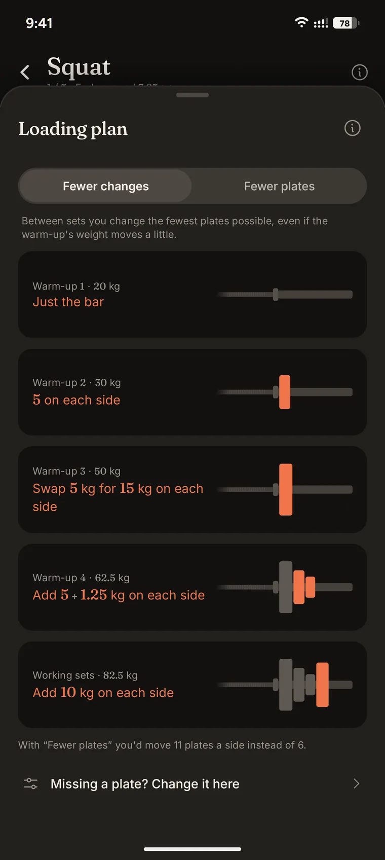 Plates per side and warm-up sets in Iro.