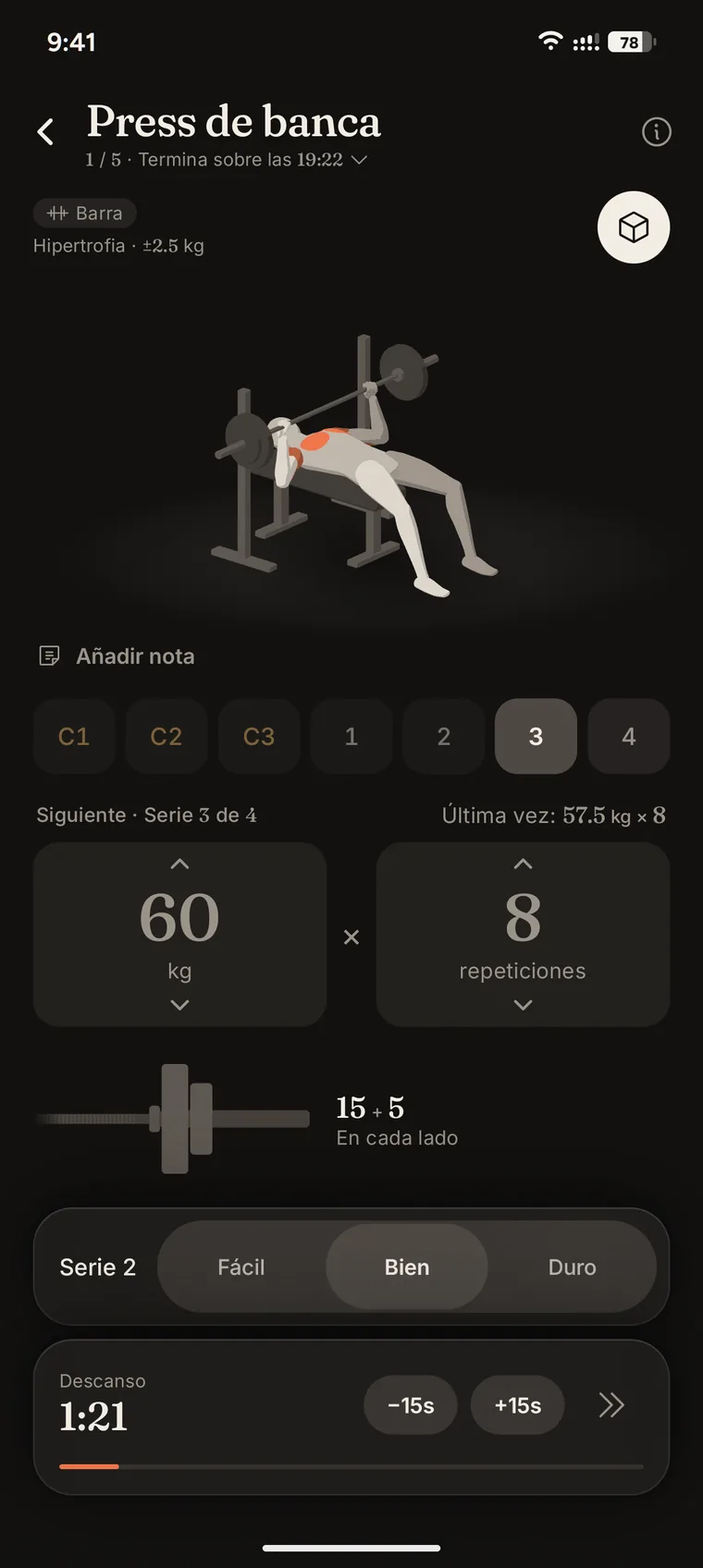 Iro durante un press de banca, con la figura 3D del ejercicio.