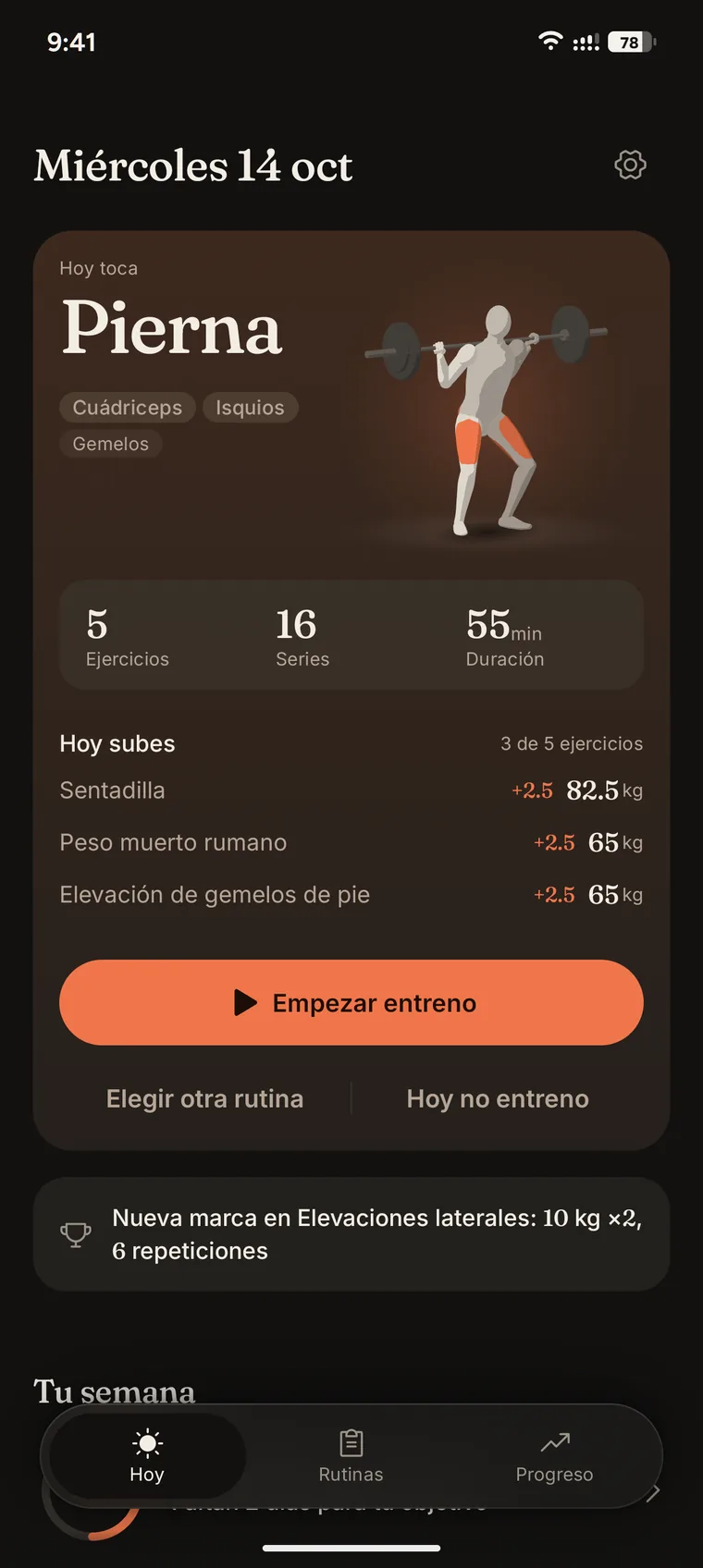 La pantalla Hoy de Iro, con la figura 3D de una sentadilla.